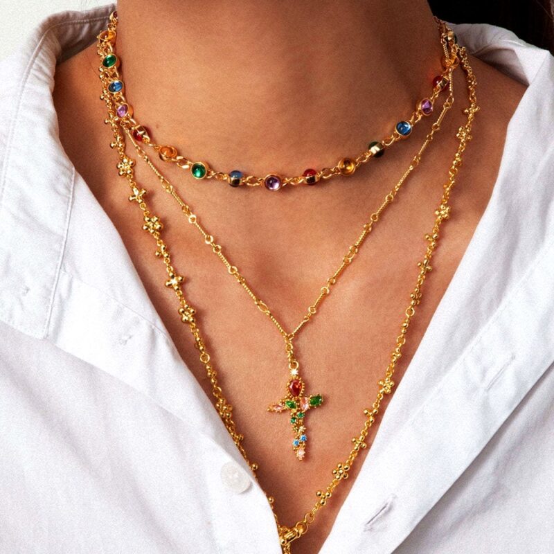Iridescent Cross Necklace with fortune energy stone