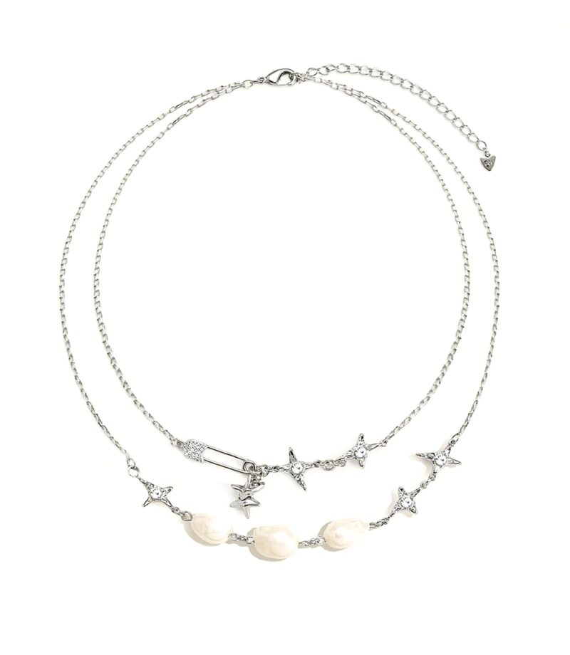 The Mellow Necklace Double layered irregular paperclip pearl shimmer zircon necklace