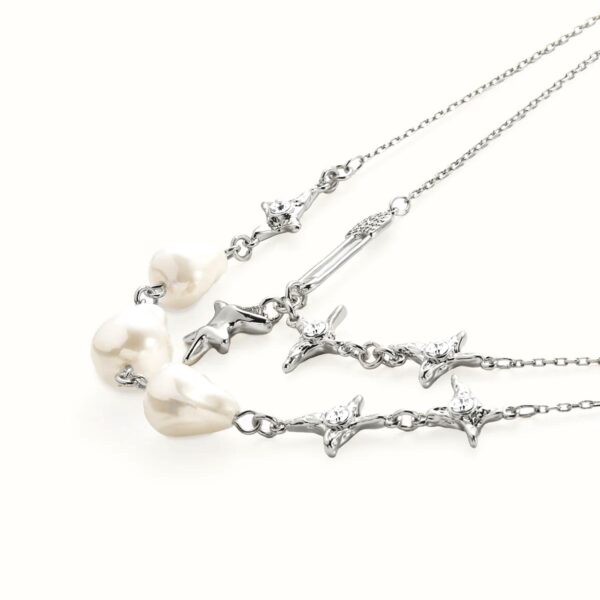 The Mellow Necklace in Silver Double layered irregular paperclip pearl shimmer zircon necklace