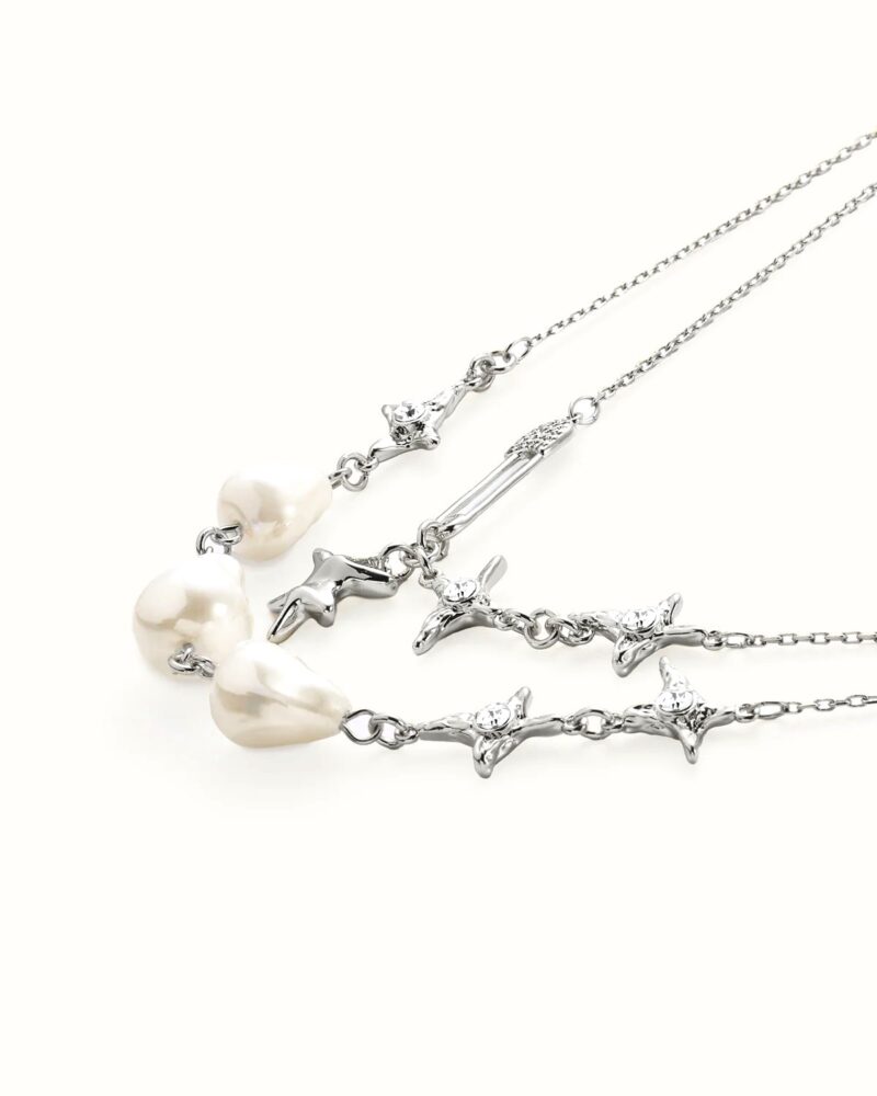 The Mellow Necklace in Silver Double layered irregular paperclip pearl shimmer zircon necklace
