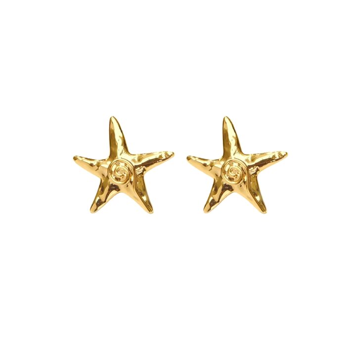 Beach-inspired gold starfish stud earrings with textured shine