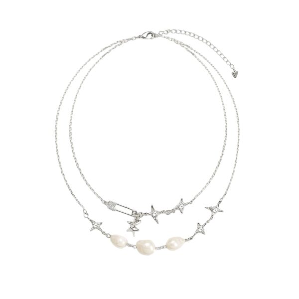 Silver plated double-layer necklace with sparkling star charms and baroque-style pearl accents