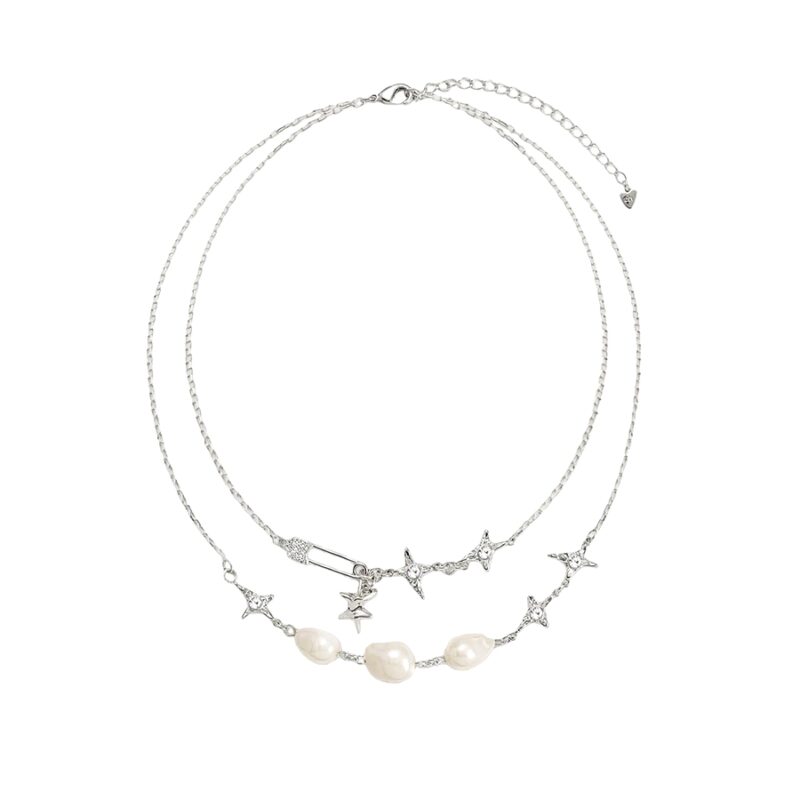 Silver plated double-layer necklace with sparkling star charms and baroque-style pearl accents