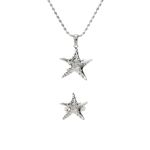 Coastal Silver starfish jewelry set with necklace and matching ring on white background