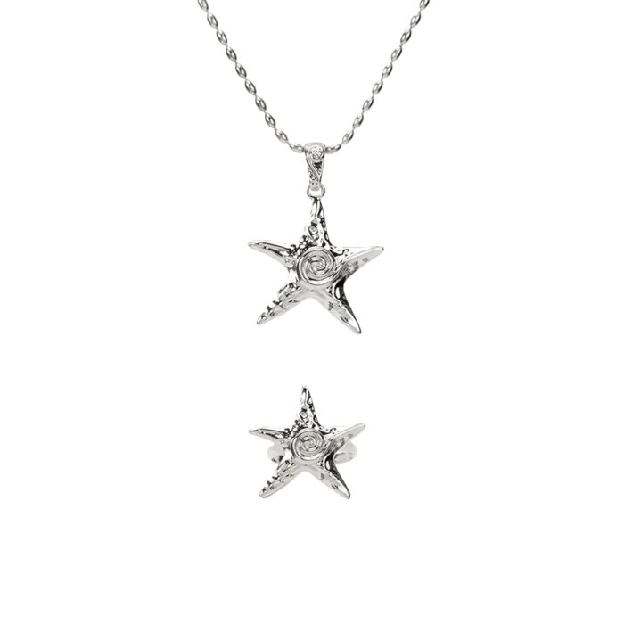 Coastal Silver starfish jewelry set with necklace and matching ring on white background