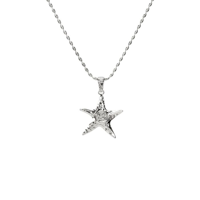 Coastal starfish necklace in silver close-up, spiral motif pendant on delicate beaded chain