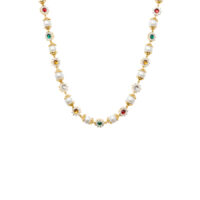 Daisy pearl necklace in 18K gold plated brass with multicolor CZ charms
