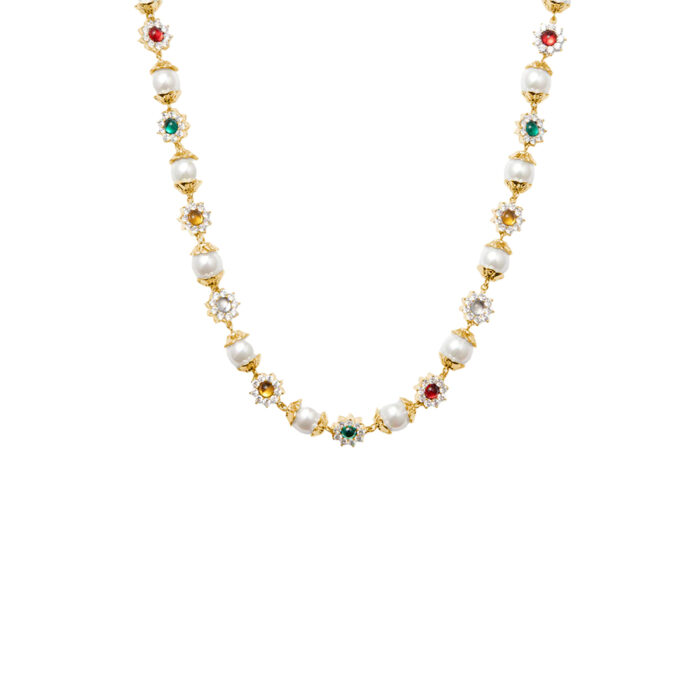 Daisy pearl necklace in 18K gold plated brass with multicolor CZ charms