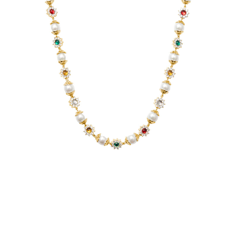 daisy-pearl-necklace-18k-gold-plated-multicolor-cz Daisy pearl necklace in 18K gold plated brass with multicolor CZ charms