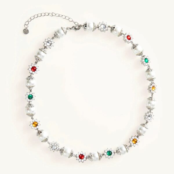 daisy pearl necklace in silver color with red green gems