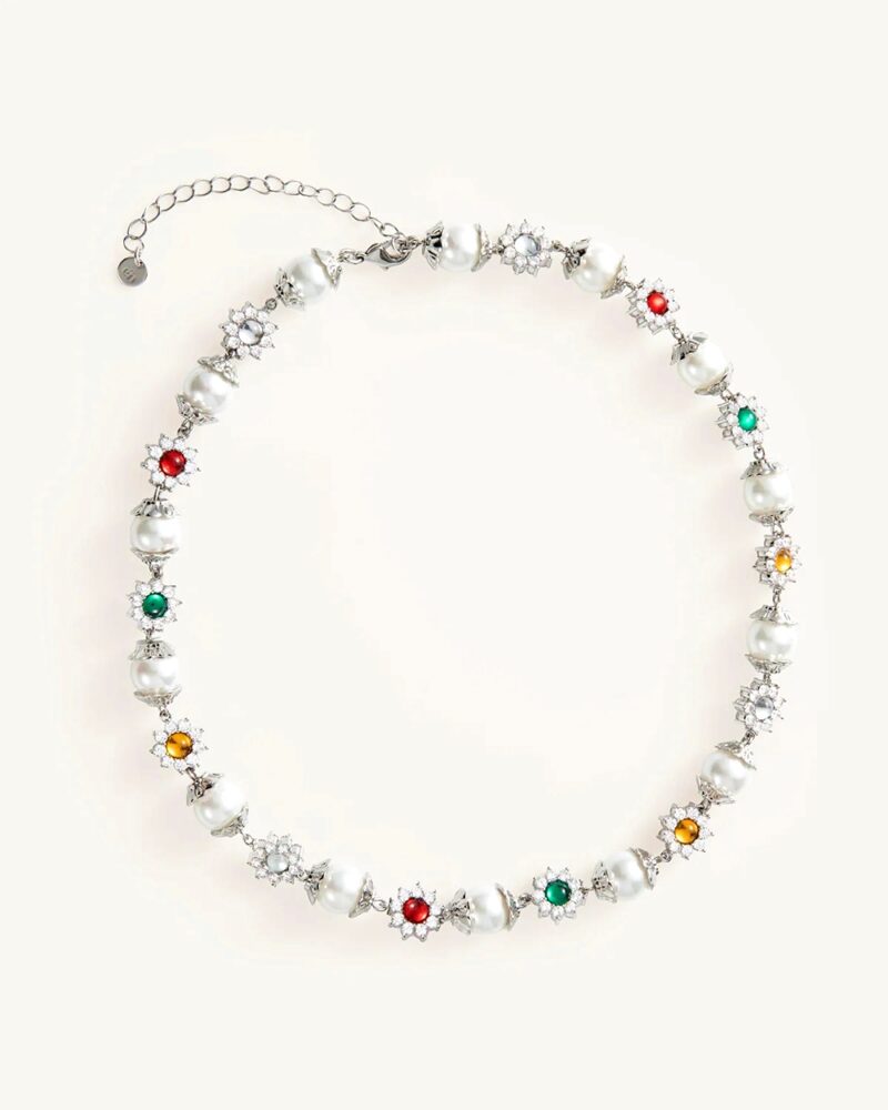 daisy pearl necklace in silver color with red green gems