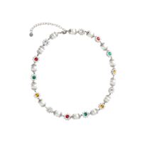 Full view of daisy pearl necklace in silver tone showing lobster clasp and extender chain for an adjustable fit