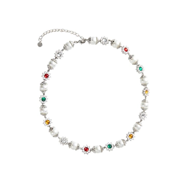 Full view of daisy pearl necklace in silver tone showing lobster clasp and extender chain for an adjustable fit