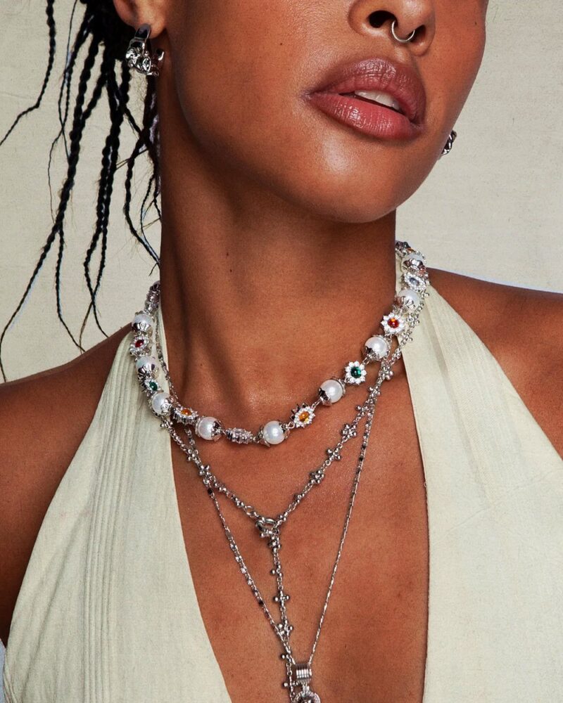 daisy pearl necklace in silver with red green gems