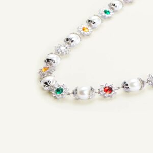 daisy pearl necklace in silver with red green gemstones fortune energy stone Jewelry