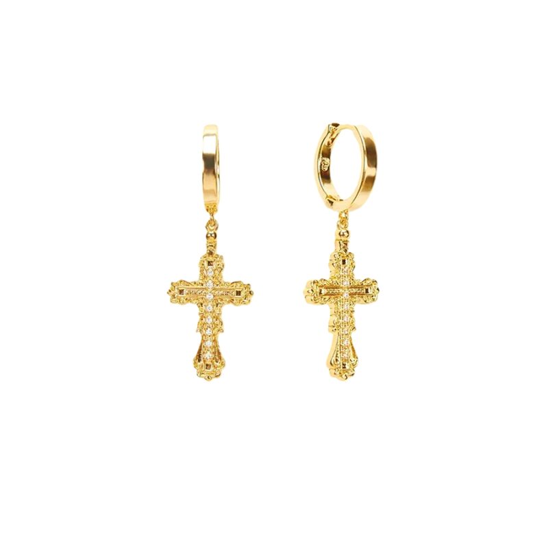 Everette Cross Earrings in Gold hoop drops with filigree cross pendants and clear stone accents on white