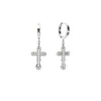 Everette Cross Earrings showing polished silver-toned hoops and sparkling cross pendants