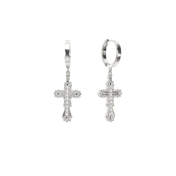 Everette Cross Earrings showing polished silver-toned hoops and sparkling cross pendants
