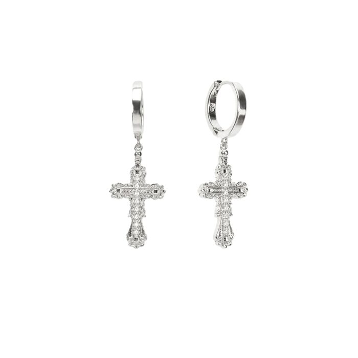 Everette Cross Earrings showing polished silver-toned hoops and sparkling cross pendants