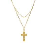 Everette Cross Necklace in Gold double-layer pearl chain with crystal cross pendant