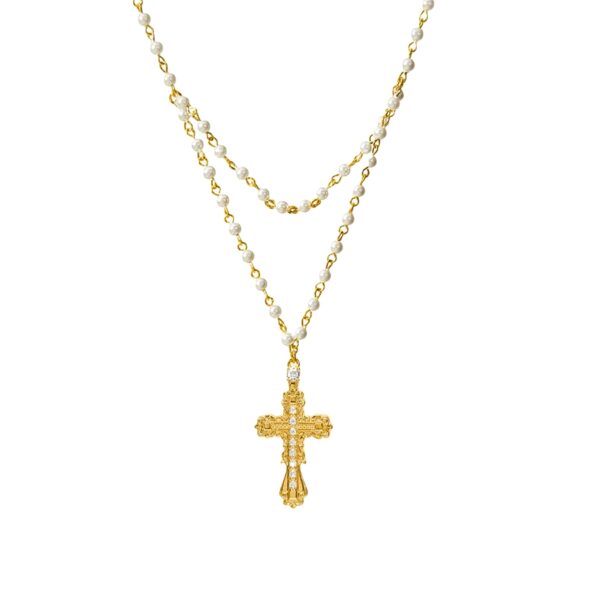 Everette Cross Necklace in Gold double-layer pearl chain with crystal cross pendant