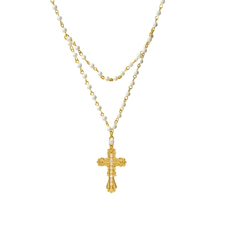 Everette Cross Necklace in Gold double-layer pearl chain with crystal cross pendant