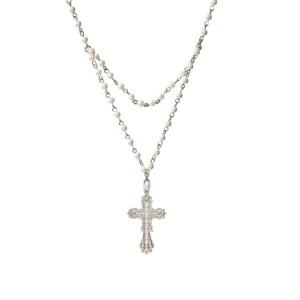 everette-cross-necklace-layered-pearl-cz-cross-white-bg Everette Cross Necklace layered silver‑tone necklace with pearl strand and CZ filigree cross pendant on white background