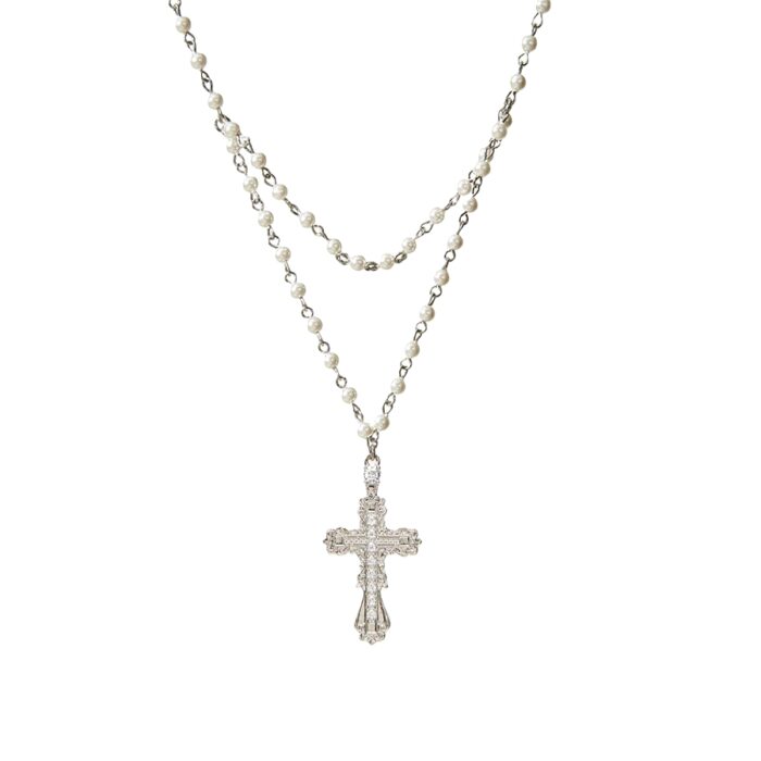 Everette Cross Necklace layered silver‑tone necklace with pearl strand and CZ filigree cross pendant on white background