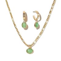 Green cabochon gemstone necklace and hoop earring set, gold tone