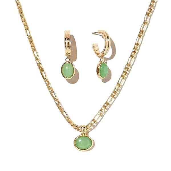 Green cabochon gemstone necklace and hoop earring set, gold tone
