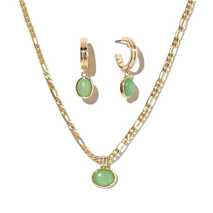 Green cabochon gemstone necklace and hoop earring set, gold tone