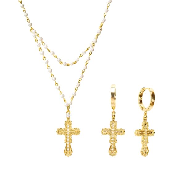 Gold-toned pearl double-layer necklace with large CZ cross pendant and matching cross drop hoop earrings