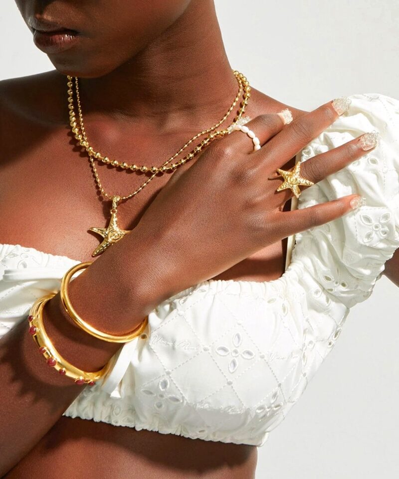 gold starfish necklace and stud ring set Summer seaside adventures jewelry sets