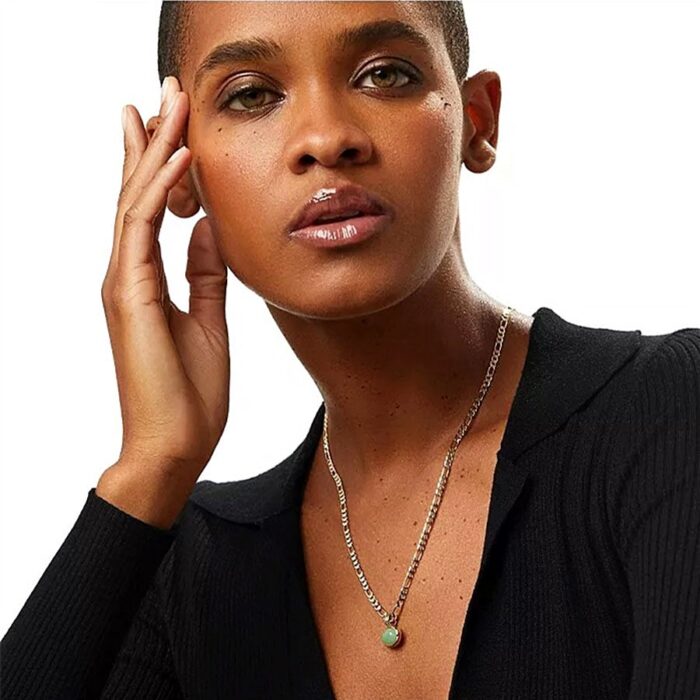 model wearing view of natural gemstone necklace with cabochon pendant in 14K gold over brass