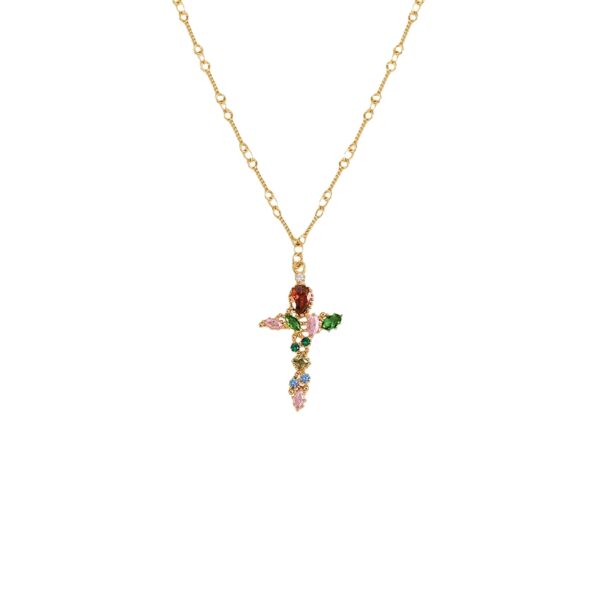 mybeautygo-iridescent-cross-necklace-18k-gold-plated-multicolor-cz-white Iridescent Cross Necklace in 18K gold plated brass with multicolor CZ cross pendant on white background