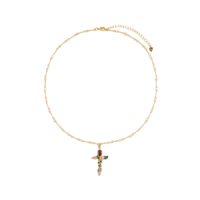 Iridescent Cross Necklace full chain with lobster clasp, extender, and heart charm on white background