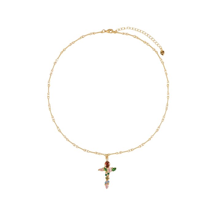 Iridescent Cross Necklace full chain with lobster clasp, extender, and heart charm on white background