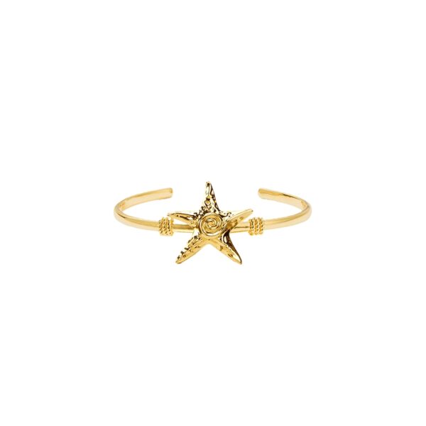 Ocean-inspired Gold Starfish Bangle product photo, hammered starfish detail close-up