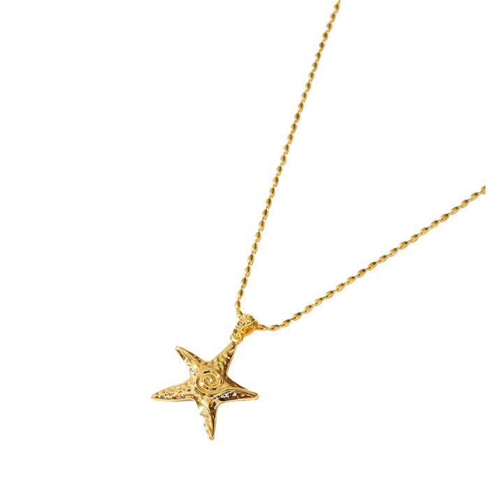 Ocean inspired gold starfish pendant necklace with ball chain on white