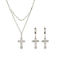 Silver cross jewelry set with double pearl strands and sparkling CZ cross earrings, clean studio lighting