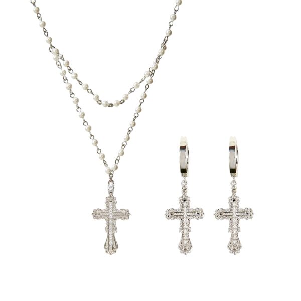 palladium-plated-silver-cross-jewelry-set-pearl-strands-cz-cross-earrings-white-background Silver cross jewelry set with double pearl strands and sparkling CZ cross earrings, clean studio lighting