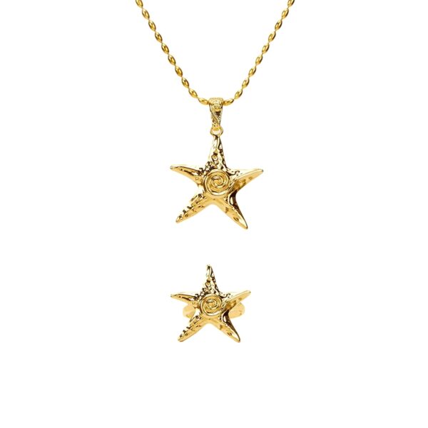 Ocean-inspired Starfish Necklace & Ring Set in 18k gold plated finish on a white background