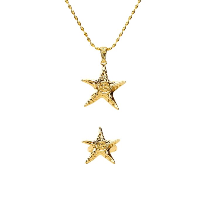 Ocean-inspired Starfish Necklace & Ring Set in 18k gold plated finish on a white background