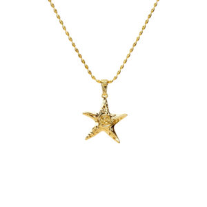 Front views of dainty gold starfish necklace on white background