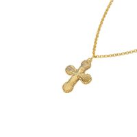 18k gold plated cross pendant necklace with sunburst texture close-up on white