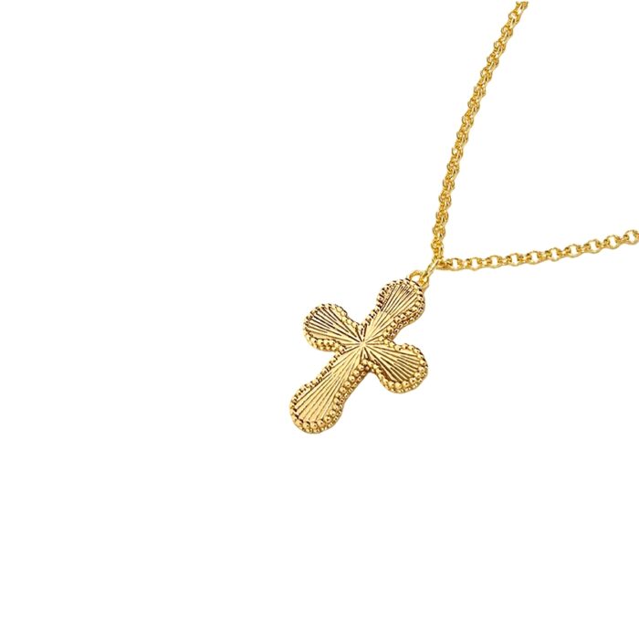 18k gold plated cross pendant necklace with sunburst texture close-up on white