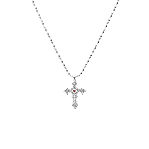 Platinum-tone Aphrodite Silver Cross Necklace featuring a vintage baroque cross pendant with red gemstone detail