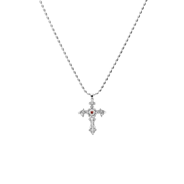 Platinum-tone Aphrodite Silver Cross Necklace featuring a vintage baroque cross pendant with red gemstone detail
