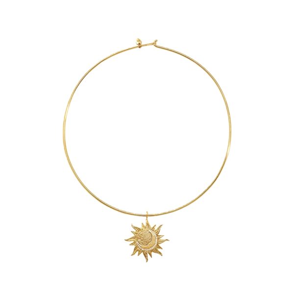 Minimalist Celestial Astra Choker Golden Necklace with a gold torque choker and sunburst crescent moon pendant on a white background