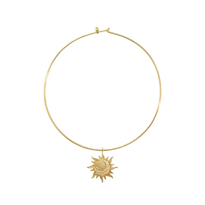 Minimalist Celestial Astra Choker Golden Necklace with a gold torque choker and sunburst crescent moon pendant on a white background